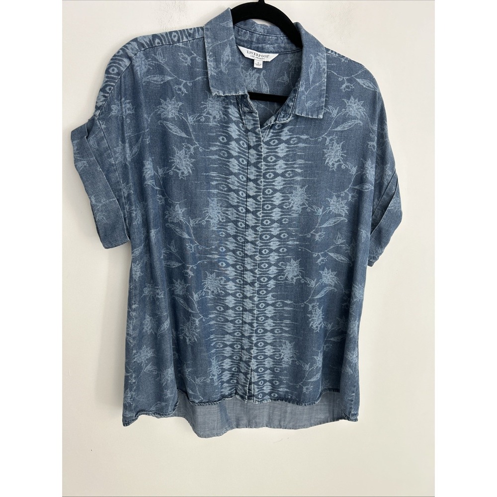Liverpool Los Angeles Women's S Denim Blue Floral Short Sleeve Button-up Blouse - Picture 11 of 14